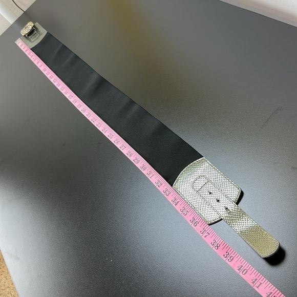 Vtg New York & Co Black/Silver Elastic Belt Bling Rhinestone Buckle L/XL - Picture 8 of 11